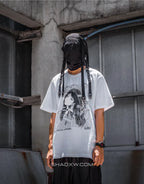 Graphic techwear tee featuring mech blueprint and schematic artwork with layered typography for a technical urban aesthetic — view 7