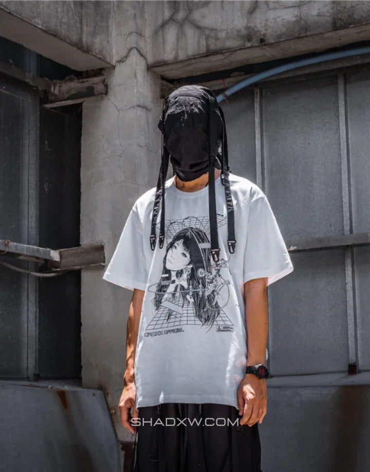 Graphic techwear tee featuring mech blueprint and schematic artwork with layered typography for a technical urban aesthetic — view 7