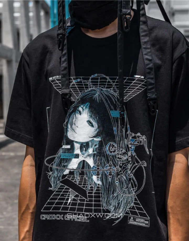 Graphic techwear tee featuring mech blueprint and schematic artwork with layered typography for a technical urban aesthetic — view 5