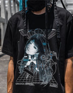 Graphic techwear tee featuring mech blueprint and schematic artwork with layered typography for a technical urban aesthetic — view 5