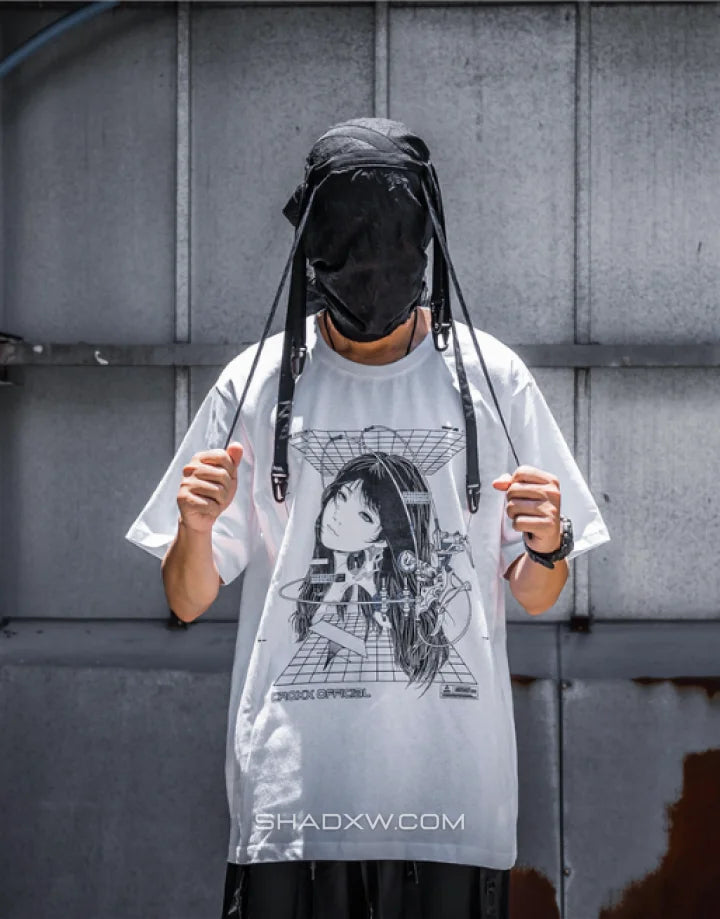 Graphic techwear tee featuring mech blueprint and schematic artwork with layered typography for a technical urban aesthetic — view 8