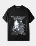 Graphic techwear tee featuring mech blueprint and schematic artwork with layered typography for a technical urban aesthetic — view 1