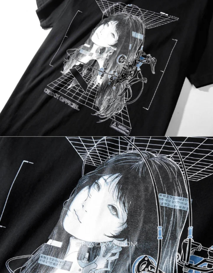 Graphic techwear tee featuring mech blueprint and schematic artwork with layered typography for a technical urban aesthetic — view 2