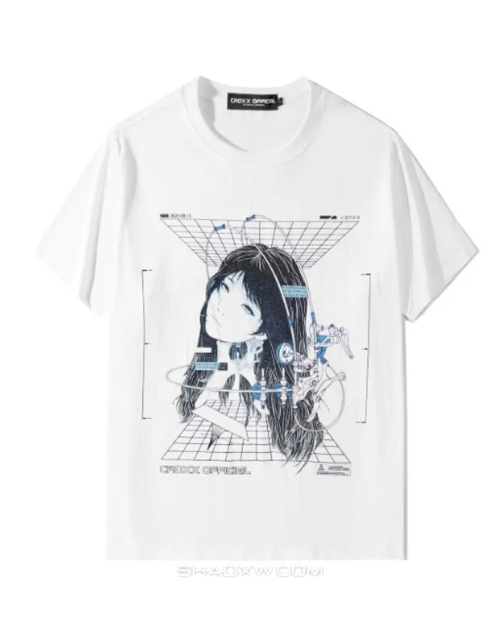 Graphic techwear tee featuring mech blueprint and schematic artwork with layered typography for a technical urban aesthetic — view 3