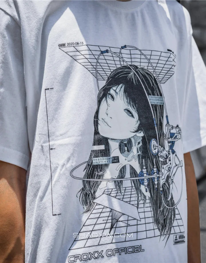 Graphic techwear tee featuring mech blueprint and schematic artwork with layered typography for a technical urban aesthetic — view 9