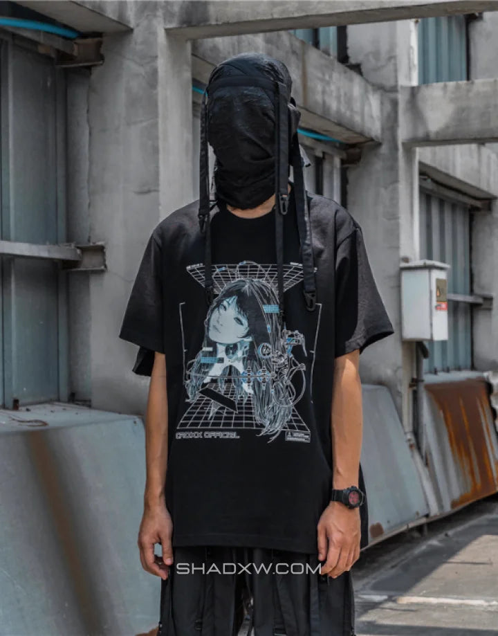 Graphic techwear tee featuring mech blueprint and schematic artwork with layered typography for a technical urban aesthetic — view 4