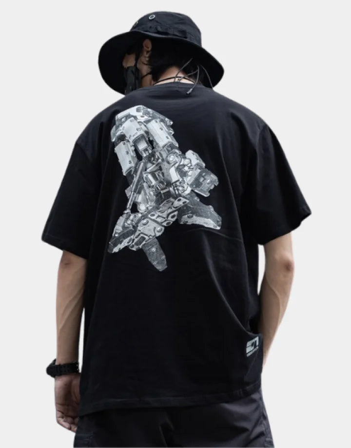 Mechanic-inspired graphic techwear tee with industrial stencil and circuit-style print in a bold utilitarian streetwear presentation — view 1