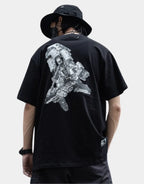 Mechanic-inspired graphic techwear tee with industrial stencil and circuit-style print in a bold utilitarian streetwear presentation — view 1