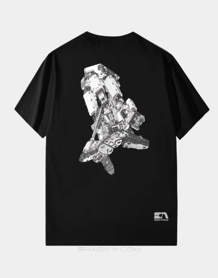 Mechanic-inspired graphic techwear tee with industrial stencil and circuit-style print in a bold utilitarian streetwear presentation — view 2
