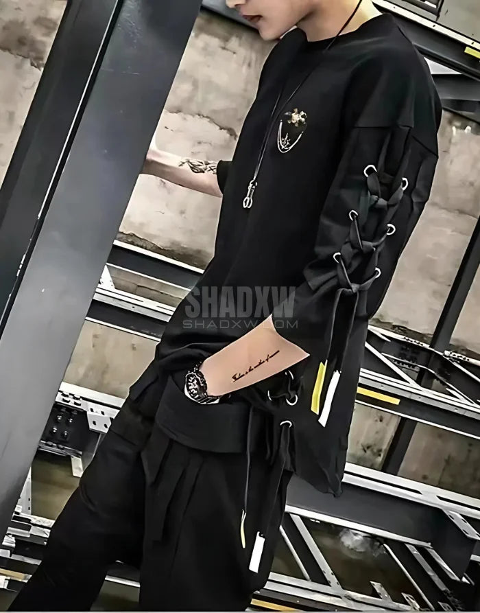 Dark graphic techwear t-shirt with an abstract futuristic print and relaxed urban streetwear silhouette, Clotechnow series 106 — view 3