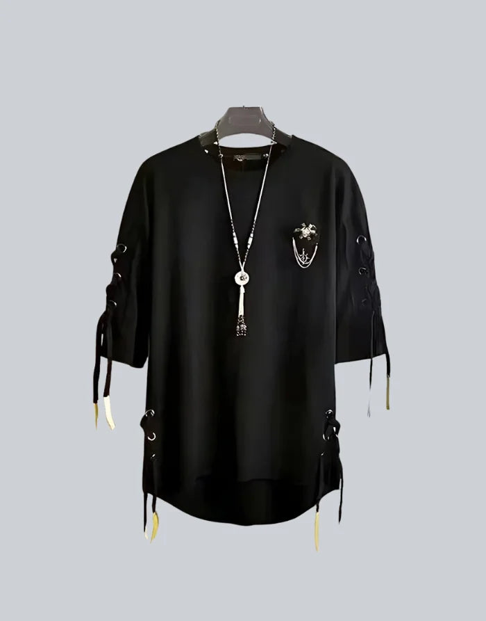 Dark graphic techwear t-shirt with an abstract futuristic print and relaxed urban streetwear silhouette, Clotechnow series 106 — view 1