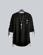 Dark graphic techwear t-shirt with an abstract futuristic print and relaxed urban streetwear silhouette, Clotechnow series 106 — view 1
