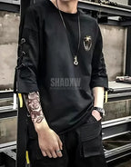 Dark graphic techwear t-shirt with an abstract futuristic print and relaxed urban streetwear silhouette, Clotechnow series 106 — view 4