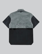 Dark graphic techwear t-shirt with an abstract futuristic print and relaxed urban streetwear silhouette, Clotechnow series 056 — view 2
