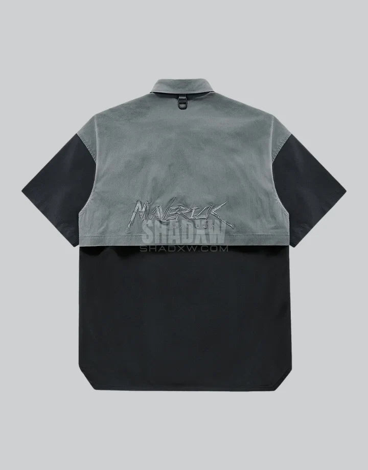 Dark graphic techwear t-shirt with an abstract futuristic print and relaxed urban streetwear silhouette, Clotechnow series 056 — view 2