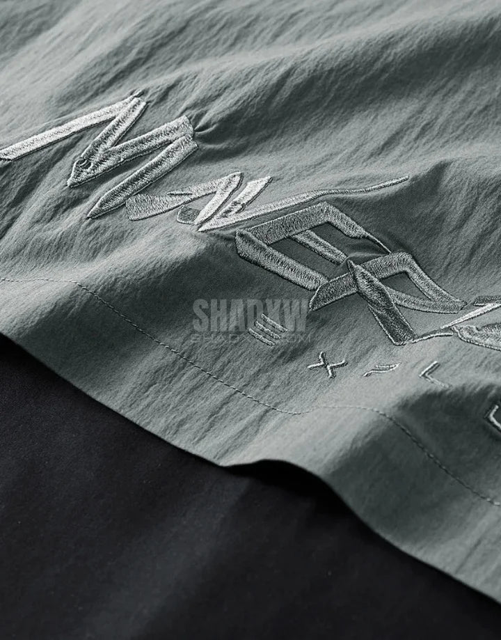 Dark graphic techwear t-shirt with an abstract futuristic print and relaxed urban streetwear silhouette, Clotechnow series 056 — view 5