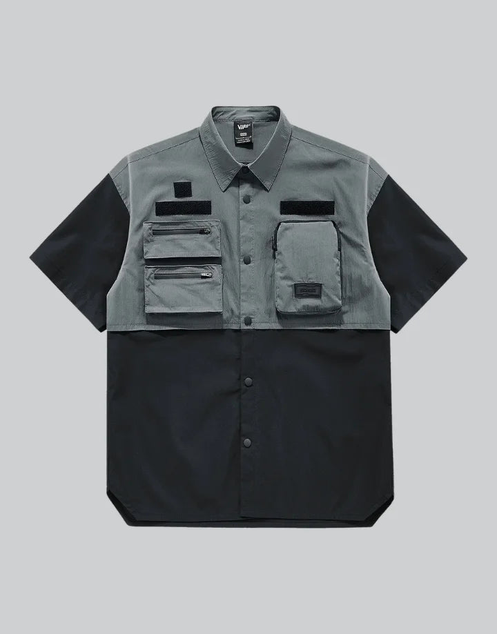 Dark graphic techwear t-shirt with an abstract futuristic print and relaxed urban streetwear silhouette, Clotechnow series 056 — view 1