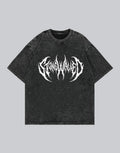 Dark graphic techwear t-shirt with an abstract futuristic print and relaxed urban streetwear silhouette, Clotechnow series 054 — view 1