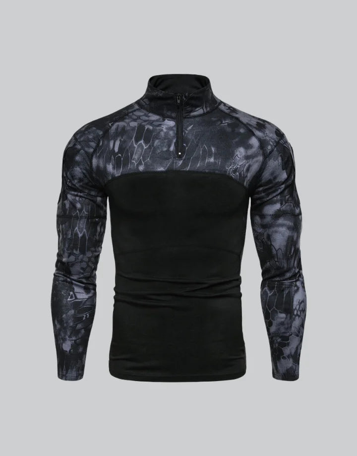 Dark graphic techwear t-shirt with an abstract futuristic print and relaxed urban streetwear silhouette, Clotechnow series 055 — view 1