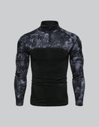 Dark graphic techwear t-shirt with an abstract futuristic print and relaxed urban streetwear silhouette, Clotechnow series 055 — view 1