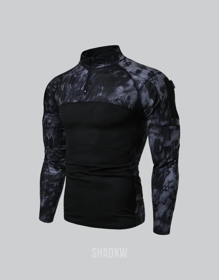 Dark graphic techwear t-shirt with an abstract futuristic print and relaxed urban streetwear silhouette, Clotechnow series 055 — view 2