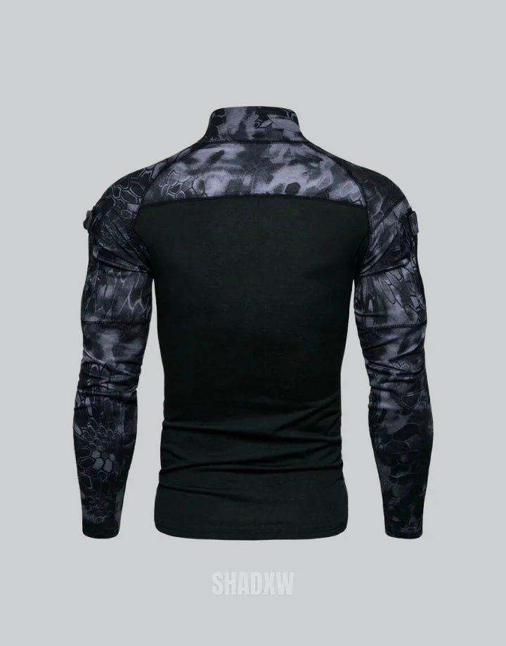 Dark graphic techwear t-shirt with an abstract futuristic print and relaxed urban streetwear silhouette, Clotechnow series 055 — view 3