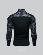 Dark graphic techwear t-shirt with an abstract futuristic print and relaxed urban streetwear silhouette, Clotechnow series 055 — view 3