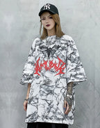 Oversized graphic techwear tee featuring a large moth motif in grunge street goth style available in black and white colorways — view 7