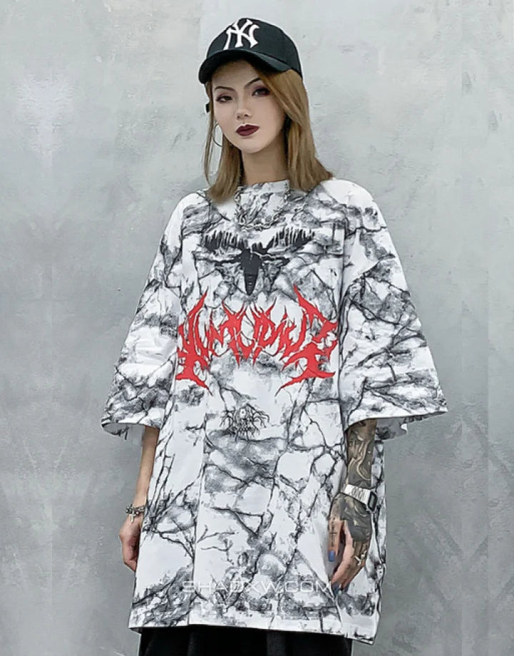 Oversized graphic techwear tee featuring a large moth motif in grunge street goth style available in black and white colorways — view 7
