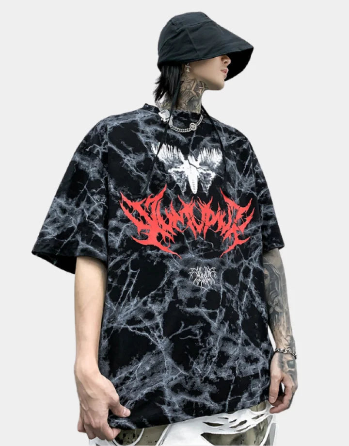 Oversized graphic techwear tee featuring a large moth motif in grunge street goth style available in black and white colorways — view 1