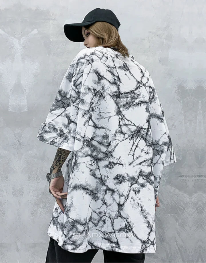 Oversized graphic techwear tee featuring a large moth motif in grunge street goth style available in black and white colorways — view 8