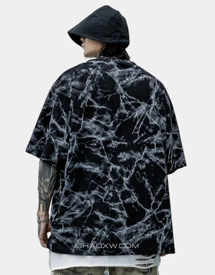 Oversized graphic techwear tee featuring a large moth motif in grunge street goth style available in black and white colorways — view 4