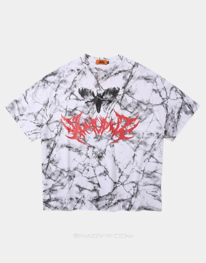Oversized graphic techwear tee featuring a large moth motif in grunge street goth style available in black and white colorways — view 5