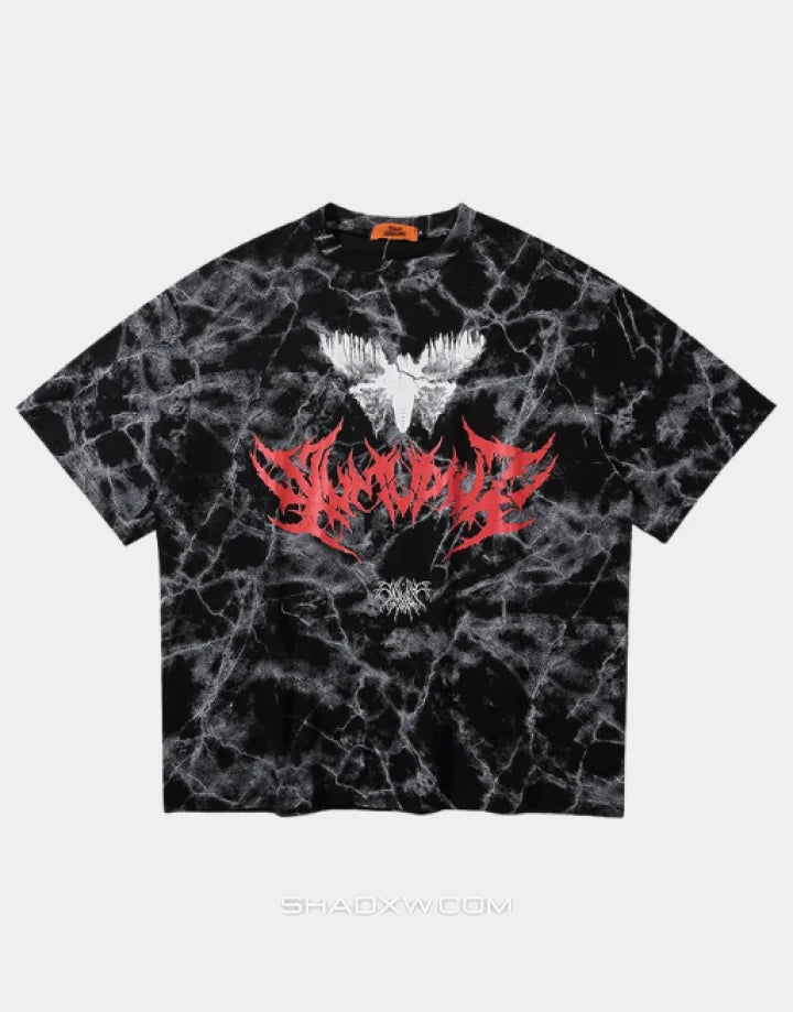 Oversized graphic techwear tee featuring a large moth motif in grunge street goth style available in black and white colorways — view 2