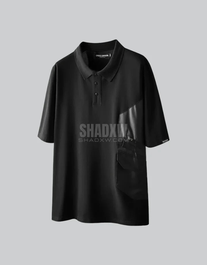 Black short-sleeve multi-pocket tech shirt with modular front panels and adjustable back drawcords in urban minimalist style — view 2