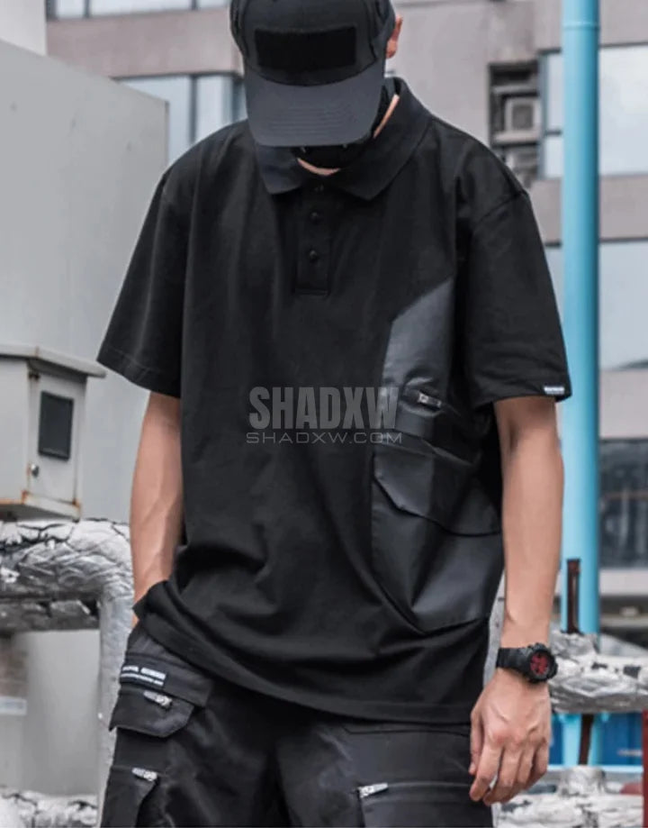 Black short-sleeve multi-pocket tech shirt with modular front panels and adjustable back drawcords in urban minimalist style — view 5