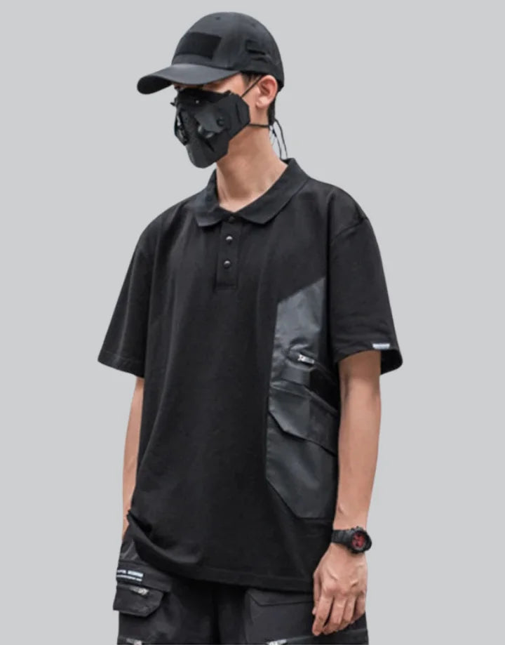 Black short-sleeve multi-pocket tech shirt with modular front panels and adjustable back drawcords in urban minimalist style — view 1
