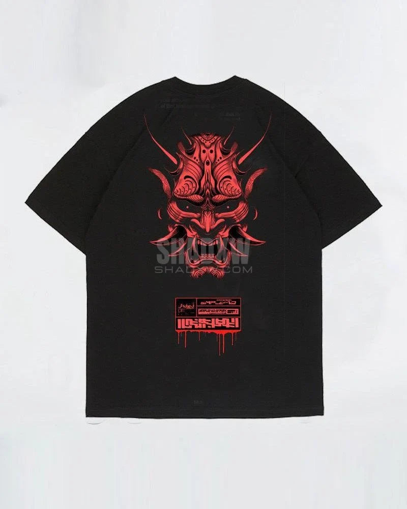 Dark graphic techwear t-shirt with an abstract futuristic print and relaxed urban streetwear silhouette, Clotechnow series 097 — view 2