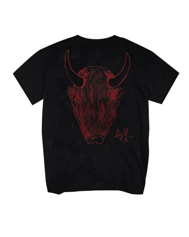 Dark graphic techwear t-shirt with an abstract futuristic print and relaxed urban streetwear silhouette, Clotechnow series 097 — view 3