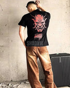 Dark graphic techwear t-shirt with an abstract futuristic print and relaxed urban streetwear silhouette, Clotechnow series 097 — view 6