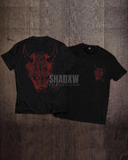 Dark graphic techwear t-shirt with an abstract futuristic print and relaxed urban streetwear silhouette, Clotechnow series 097 — view 8