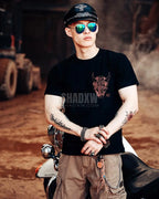 Dark graphic techwear t-shirt with an abstract futuristic print and relaxed urban streetwear silhouette, Clotechnow series 097 — view 11