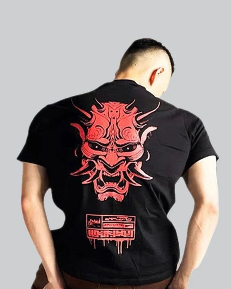 Dark graphic techwear t-shirt with an abstract futuristic print and relaxed urban streetwear silhouette, Clotechnow series 097 — view 1