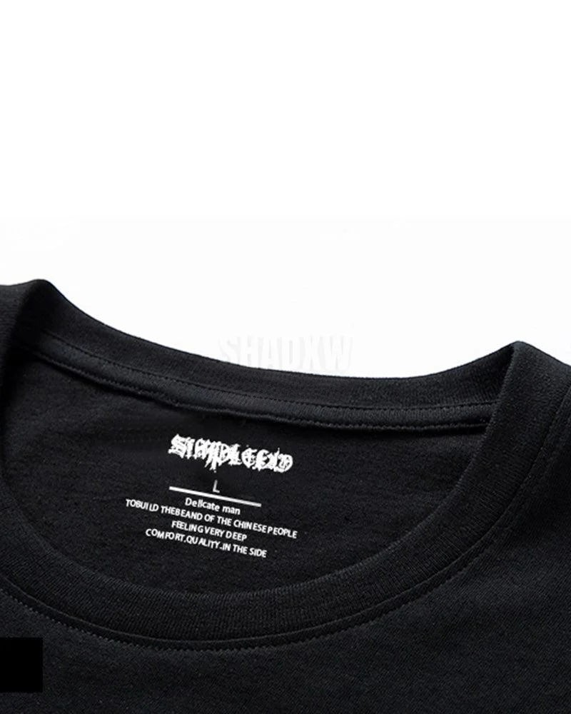 Dark graphic techwear t-shirt with an abstract futuristic print and relaxed urban streetwear silhouette, Clotechnow series 097 — view 12