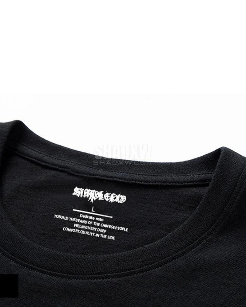 Dark graphic techwear t-shirt with an abstract futuristic print and relaxed urban streetwear silhouette, Clotechnow series 097 — view 12