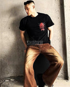 Dark graphic techwear t-shirt with an abstract futuristic print and relaxed urban streetwear silhouette, Clotechnow series 097 — view 7
