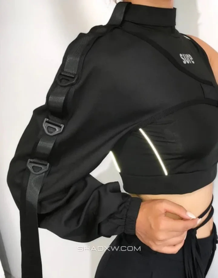 Asymmetric one-shoulder techwear top shown in black and reflective finish options with a sculptural shoulder line and modern urban styling — view 3