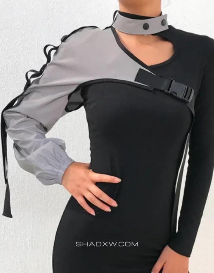 Asymmetric one-shoulder techwear top shown in black and reflective finish options with a sculptural shoulder line and modern urban styling — view 5