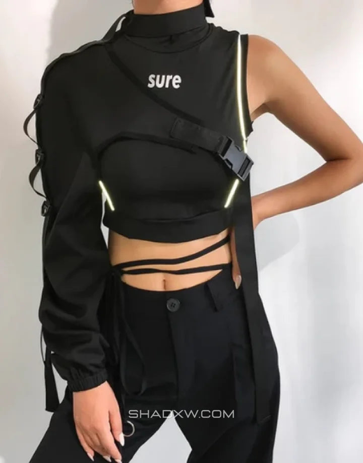 Asymmetric one-shoulder techwear top shown in black and reflective finish options with a sculptural shoulder line and modern urban styling — view 2