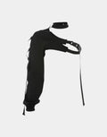 Asymmetric one-shoulder techwear top shown in black and reflective finish options with a sculptural shoulder line and modern urban styling — view 1